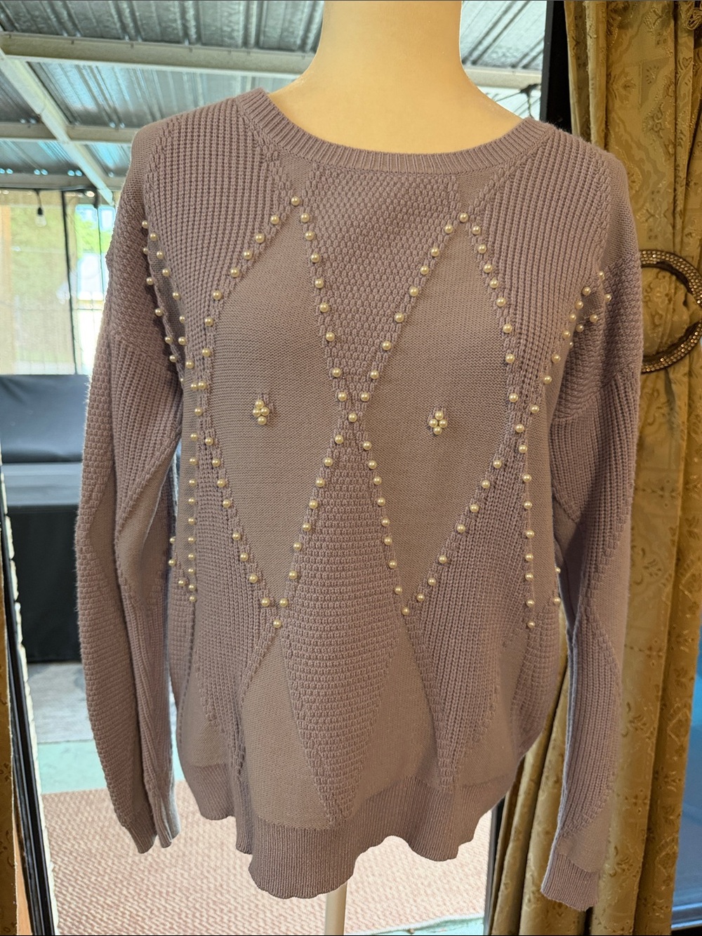 Sew In Love Lavender Pearl-Embellished Crewneck Sweater